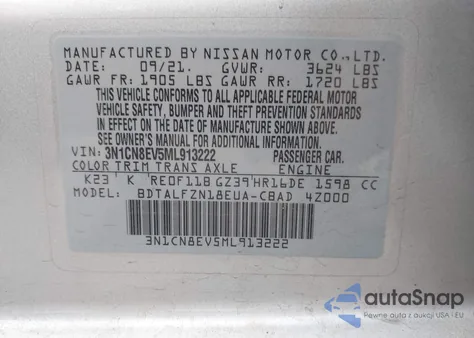 2021 Nissan Versa Sv Xtronic Cvt z USA, uszkodzony, nr VIN 3N1CN8EV5ML913222